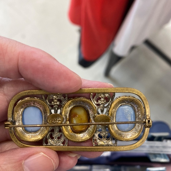 CZECH Art Deco Filigree Brooch – Opalescent Blue Glass | Wedding Something Blue - Picture 5 of 16